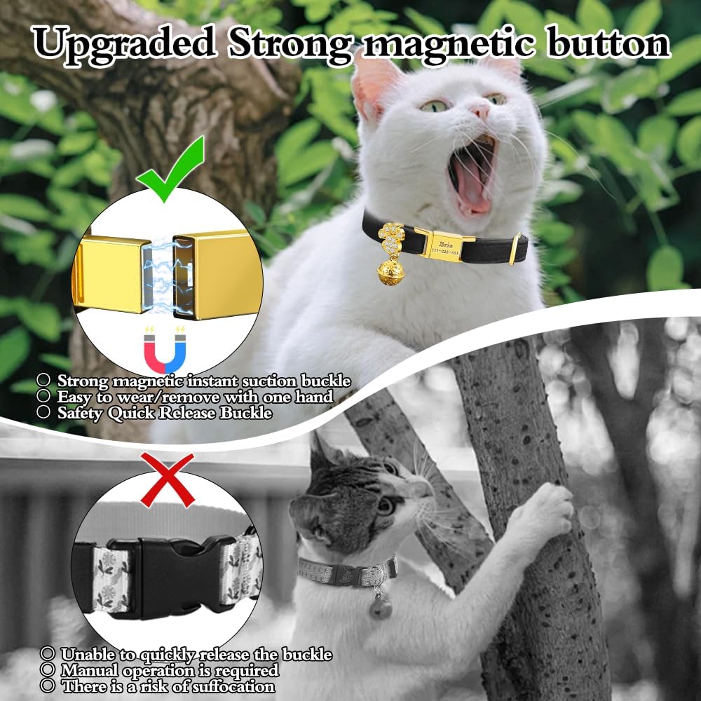Personalized Breakaway Cat Collars - Magnetic Buckle, Bell - Safety Quick Release, Customized for Girls & Boys Cats- (Velvet-Black)