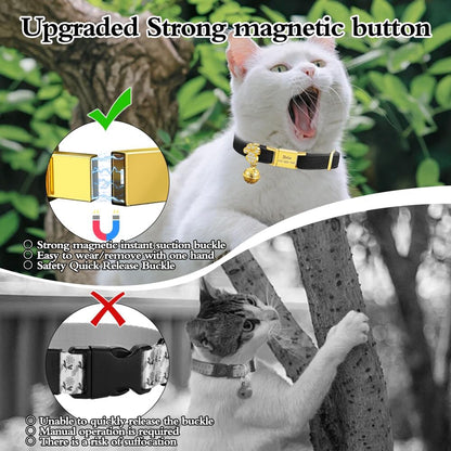 Personalized Breakaway Cat Collars - Magnetic Buckle, Bell - Safety Quick Release, Customized for Girls & Boys Cats- (Velvet-Black)