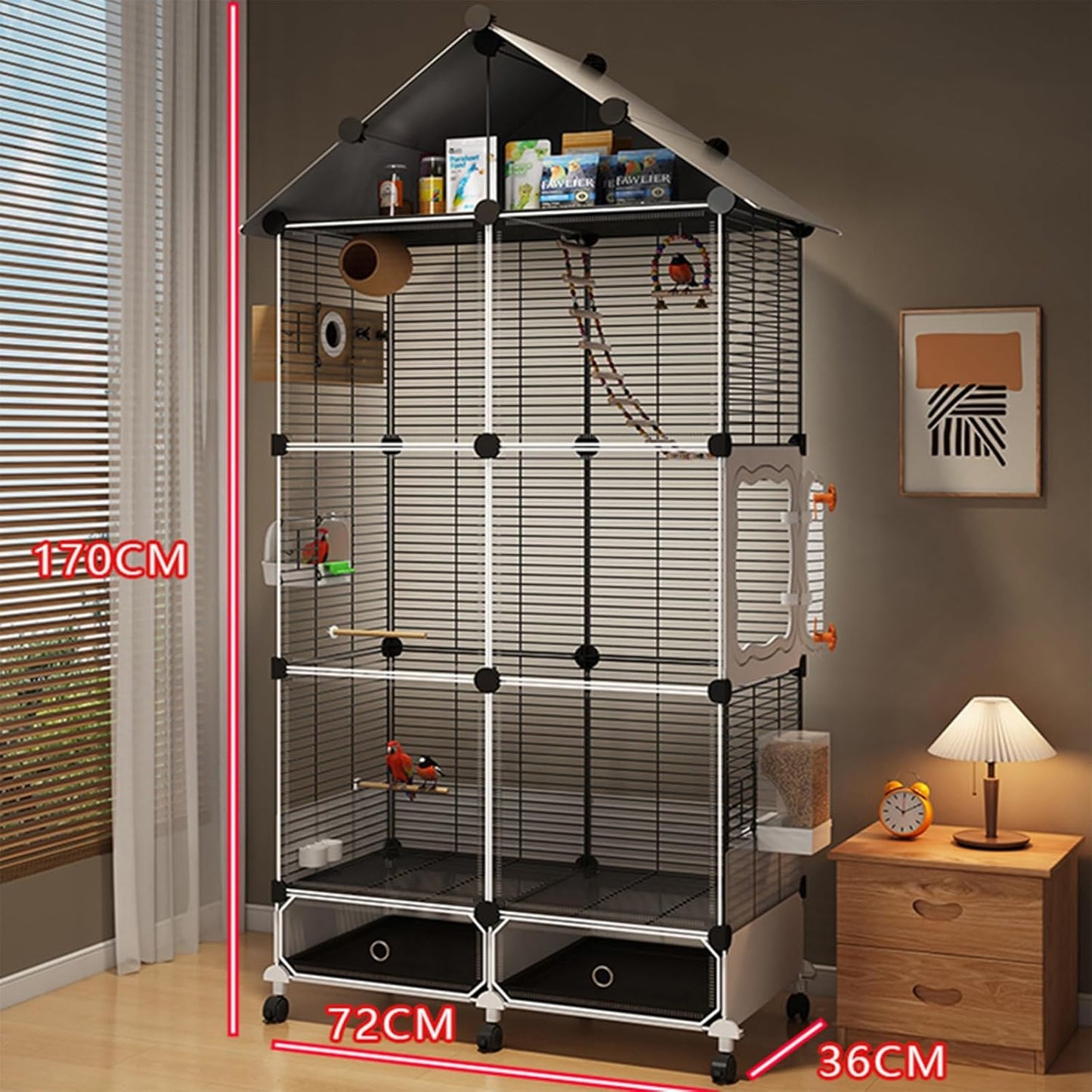 Large Parrot Cage with Acrylic Doors, 4 Casters, Perch & Feeder, Detachable Drawer, Ideal for Cockatiels, Budgies, Conures, Indoor/Outdoor Use – Spacious White Birdcage(Black,72 * 36 * 170)