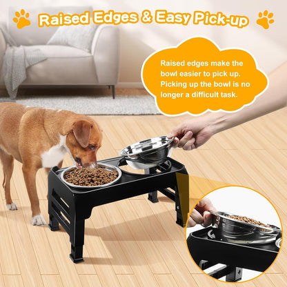 COMESOON Elevated Dog Bowls for Small Medium Dogs, 3 Height Adjustable Raised Stand with 2 Thick 6" Stainless Steel Food Bowls, Non-Slip Feeder Adjusts to 2.75", 6", 7.5", Black