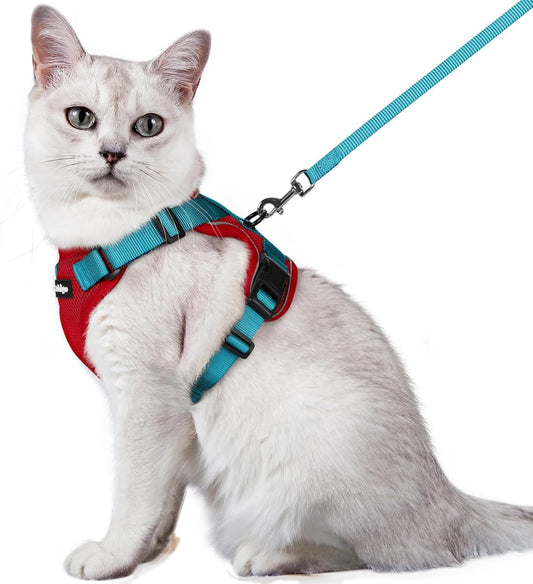rabbitgoo Cat Harness and Leash for Walking, Escape Proof Soft Adjustable Vest Harnesses for Cats, Easy Control Breathable Reflective Strips Jacket, Red & Teal, M