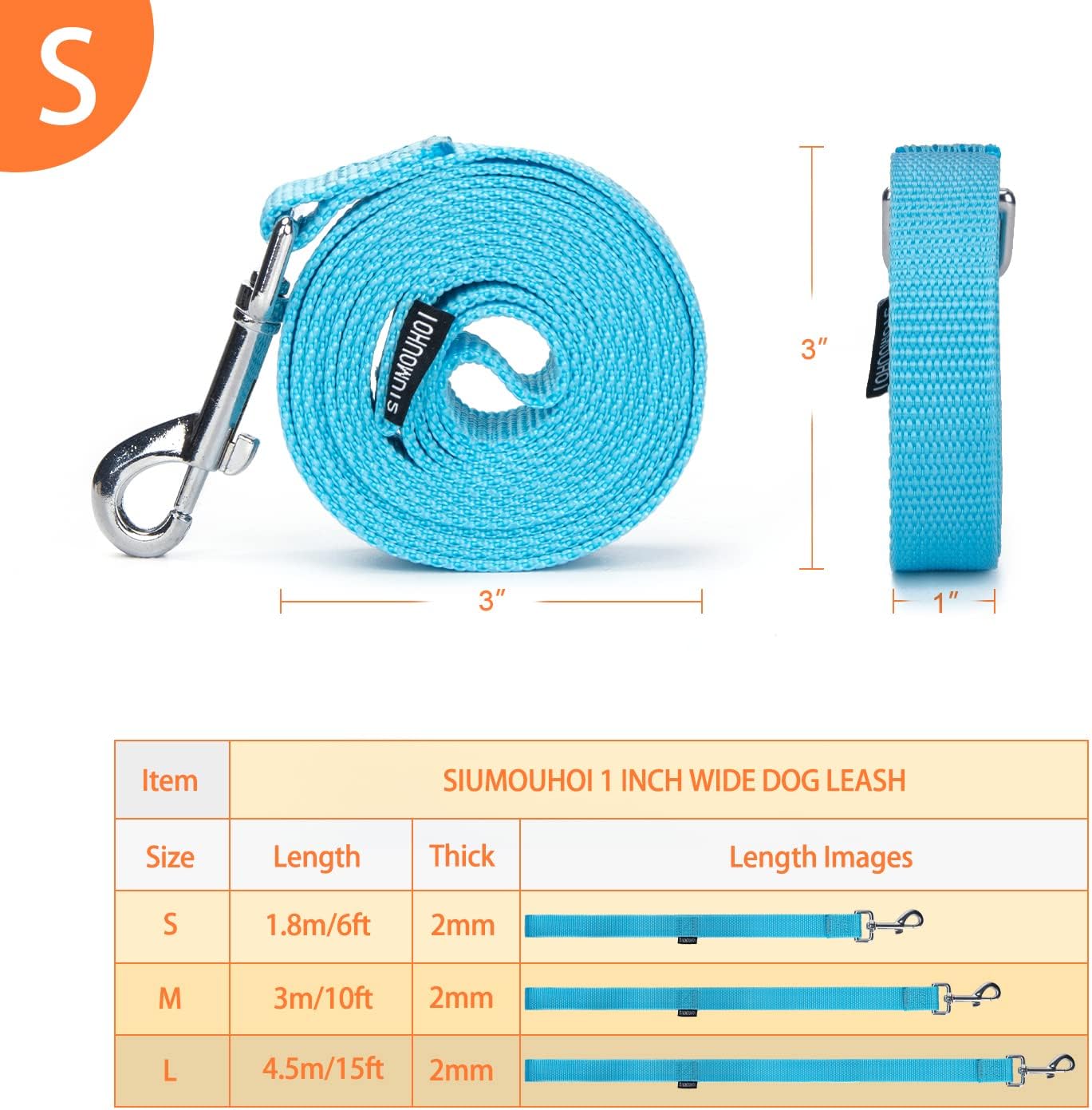 Strong Durable Nylon Dog Training Leash, 1 Inch Wide Traction Rope, 6 ft Long, for Small and Medium Dog (Mint Blue, 6 Feet)