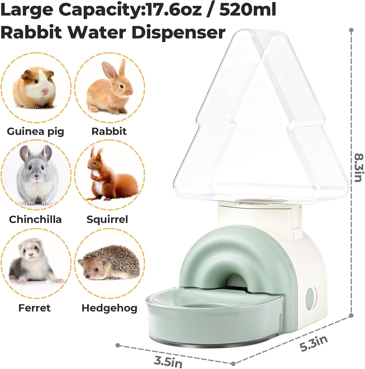 mini&moe Rabbit Water Dispenser - 17.6oz Guinea Pig Water Bottle No Drip for Cage Automatic Gravity Silent Hanging Bunny Water Dispenser with Floating Bowl for Hamster, Gerbils, Ferret, Chinchilla