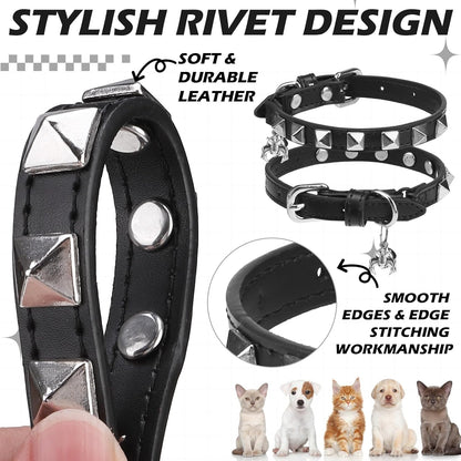 EXPAWLORER Halloween Leather Cat Collar - Adjustable Pet Collar with Rivet Spike for Girl Boy Cats, Punk Accessories with Bell & Durable D-Ring,Silver Square Nails