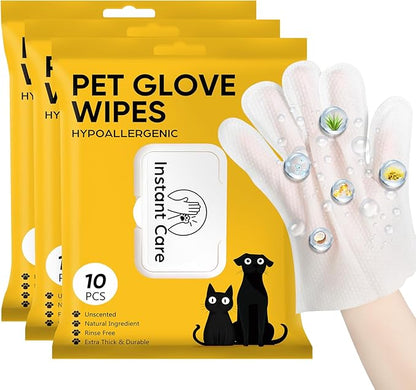 Pet Glove Wipes for Dogs Cats Disposable Dog Wipes Cleaning Deodorizing for Fur Paws and Butt Rinse Free Shampoo Mittens Cat Grooming Bath Wipes 30PCS