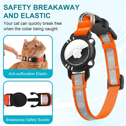Airtag Cat Collar, Reflective Cat Collar with Apple Air Tag Holder, Breakaway GPS Tracker Pet Collar with Bell for Cat Kitten, Airtag Not Included, Orange, S(9-11 Inch)