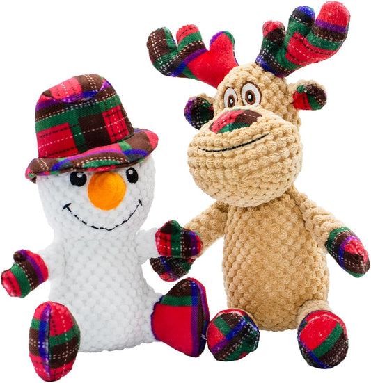 Dog Christmas Snowman and Reindeer Toy With Squeaker, 2 Pack With Crinkle Paper, Soft Pet Chew for Teeth, Interactive Plush for Small & Medium Dogs