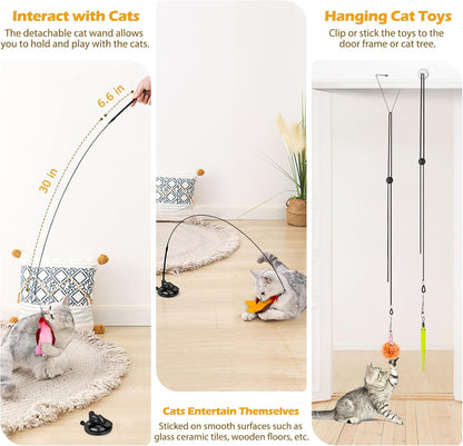 Cat Toys, 2 Pack 3 in 1 Interactive Cat Toy for Indoor Cats with Sticky Super Suction Cup Detachable 10 Pcs Replacements Feathers Balls Mice 2 Wand Hanging Door Kitten Toys