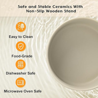 SPUNKYJUNKY Ceramic Elevated Dog Bowls 2 Pack - 5.1inch Raised Dog Bowls with Non-Slip Wooden Stand for Small Dogs Dishwasher Safe(Grey,13.5OZ*2)