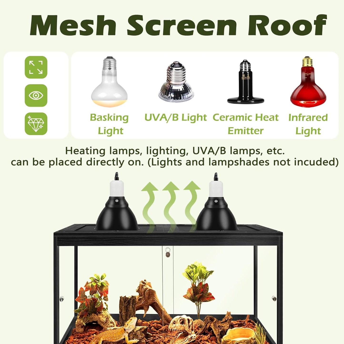 Prolee Bearded Dragon Tank with Leg Stand,Wooden Lizard Tank,Reptile Tank with Metal Mesh Roof Door, Acrylic Panel Snake Tank with Lock Design,Black,24"x16"x16"