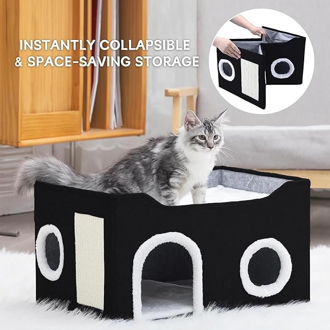 Cat House for Indoor Cats – Foldable Cat Cave & Covered Cat Bed, Cozy Hideaway for Small Pets and Large Cats (23.6"x16"x12.8"),Black