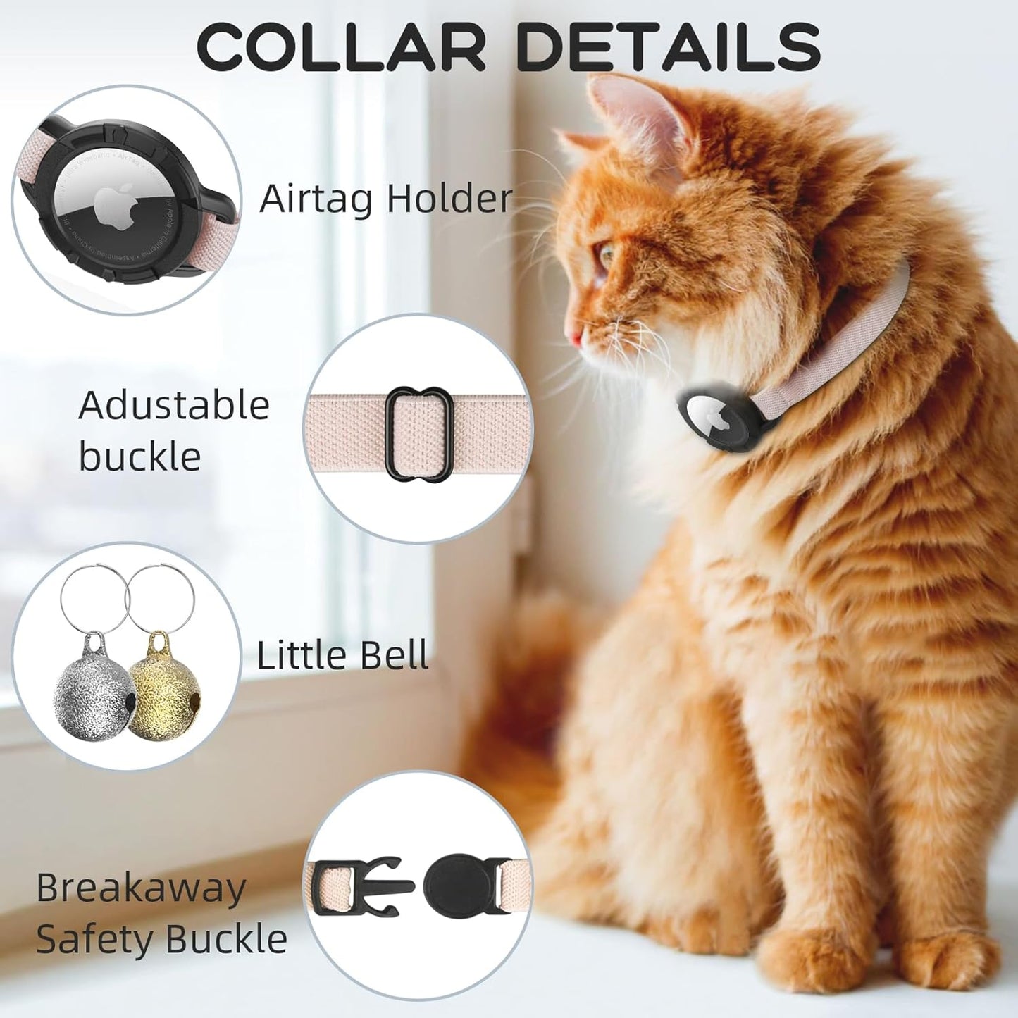 AirTag Cat Collars, Stretchy Collar with Apple AirTag Holder and Bell, Breakaway Design Ultra Elastic GPS Tracking Collars for Cats and Puppies, (7.5-12.5 Inch), Khaki