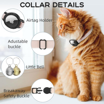 AirTag Cat Collars, Stretchy Collar with Apple AirTag Holder and Bell, Breakaway Design Ultra Elastic GPS Tracking Collars for Cats and Puppies, (7.5-12.5 Inch), Khaki