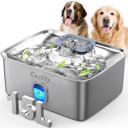 Kastty 15L/3.96 Gal Stainless Steel Dog Water Fountain, Large Capacity Dog Water Bowl Dispenser Quiet LED Light Triple Filtration BPA-Free, Automatic Pet Water Fountain Easy Cleaning for Pet FS76