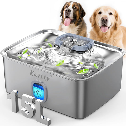 Kastty 15L/3.96 Gal Stainless Steel Dog Water Fountain, Large Capacity Dog Water Bowl Dispenser Quiet LED Light Triple Filtration BPA-Free, Automatic Pet Water Fountain Easy Cleaning for Pet FS76