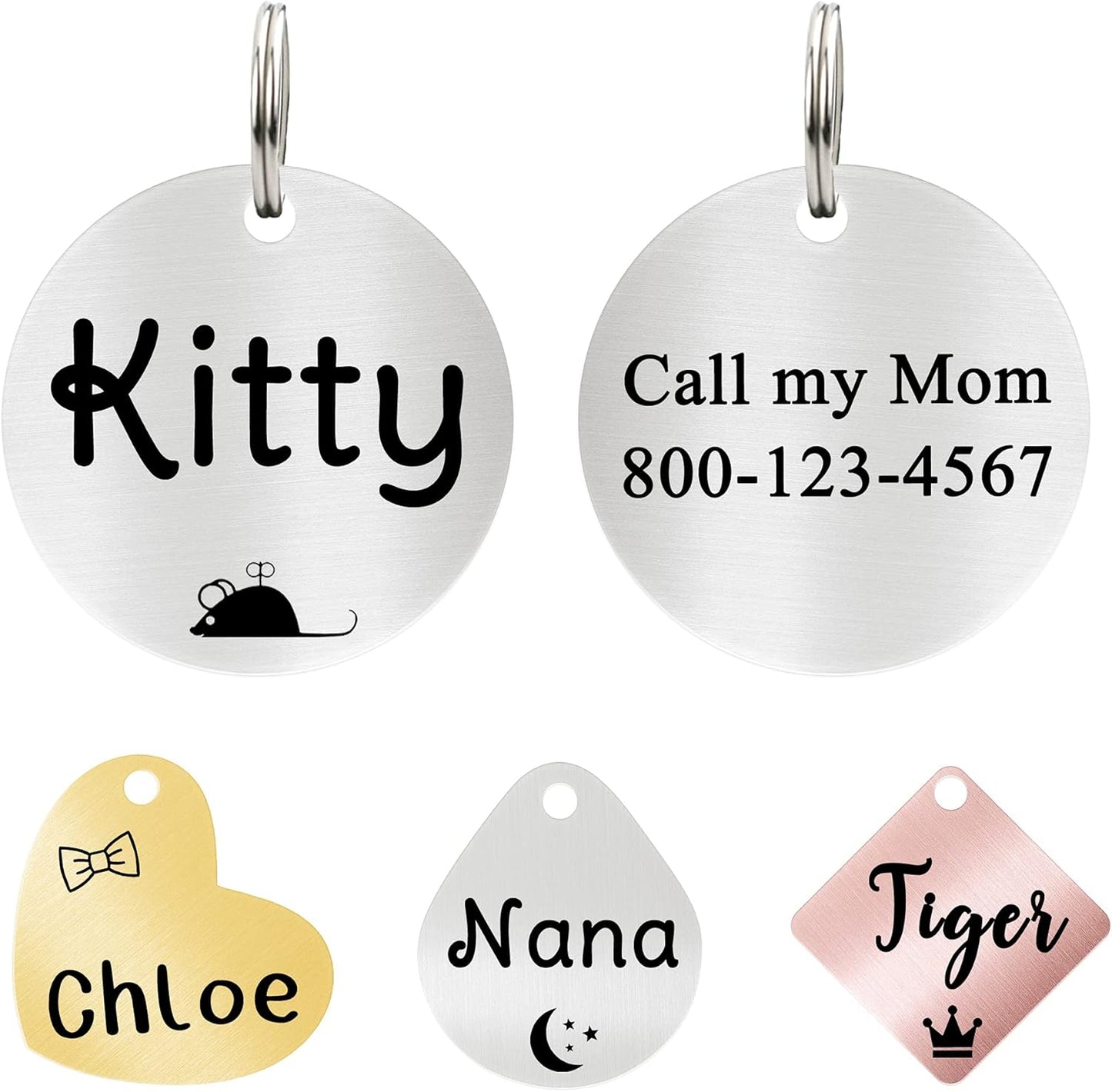 Ultra Joys Cat ID Tag Personalized Pet Tags, Durable Stainless Steel Small Pet Mini Dog Cat Tag Lightweight -Round Tag in Silver
