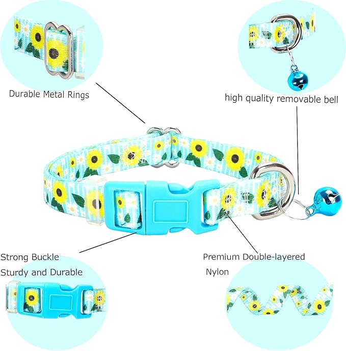 Sunflower XXS xs Dog Collar with Bell, Soft Adjustable Bull Sunflower Puppy Collar Tiny Cat Collars with Bells for XS Small Girl and boy Dogs Little Animal,XSmall