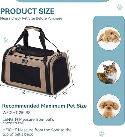 PETSFIT Dog Carrier Cat Carriers for Puppies, Medium Cats up to 25Lbs, Travel Soft Sided Pet Carrier (Large, Khaki)