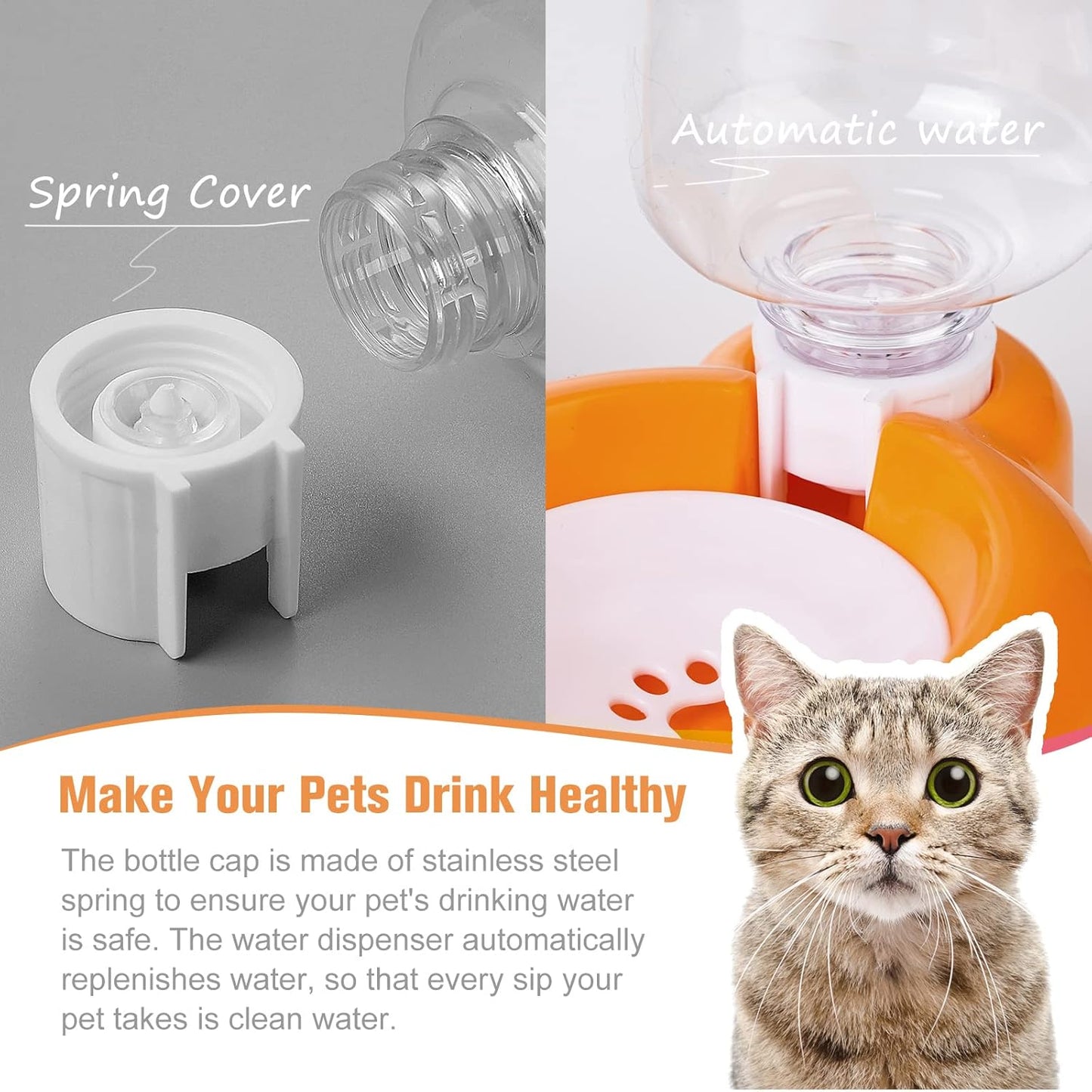 Dog Bowls, Cat Food and Water Bowl Set with Water Dispenser and Stainless Steel Bowl for Cats and Small Dogs - Orange