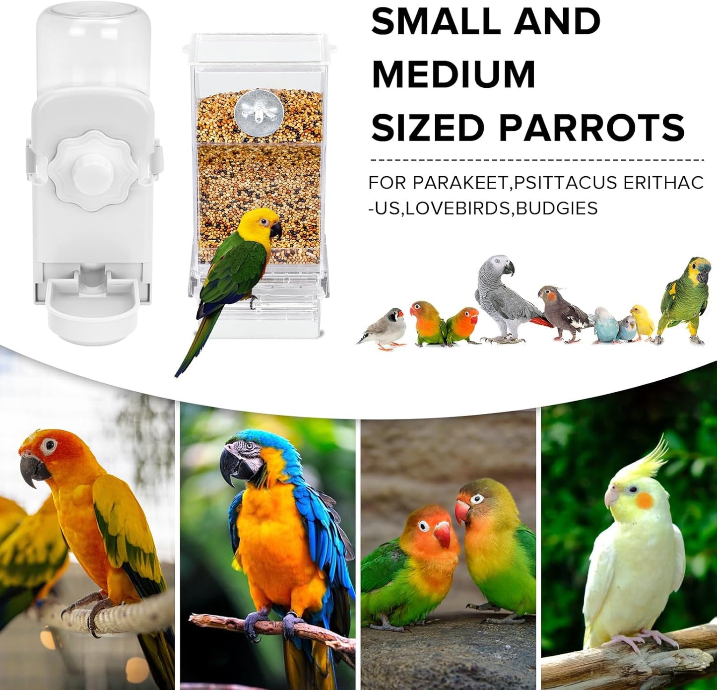 No Mess Bird Feeder Water Dispenser Set, Parakeet Cage Accessories, Bird Feeder and Waterers in Cage for Cockatiels, Finches, Lovebirds, Budgies, Canaries
