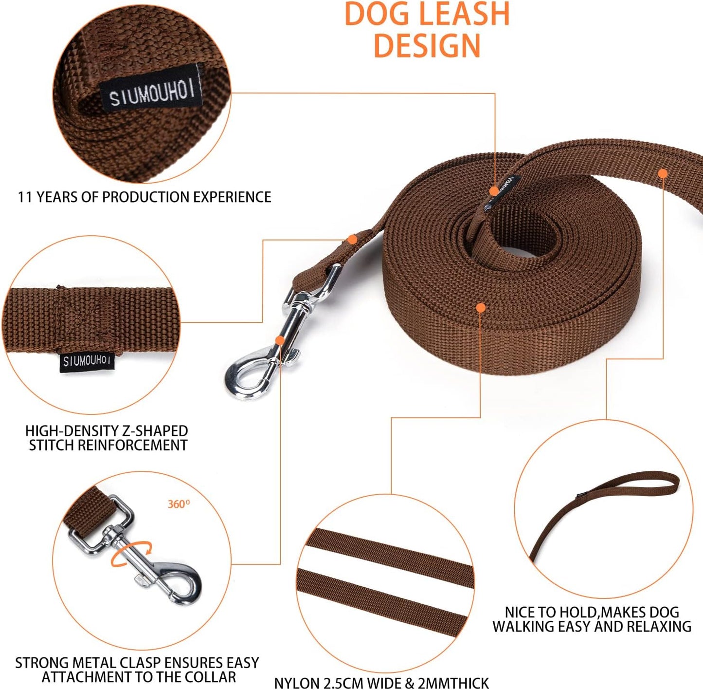 Strong Durable Nylon Dog Training Leash, 1 Inch Wide Traction Rope, 6 ft 10ft 15ft Long, for Small and Medium Dog (Brown, 15 Feet)