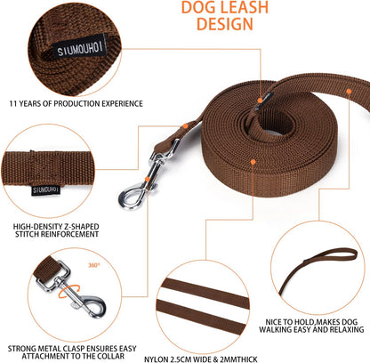 Strong Durable Nylon Dog Training Leash, 1 Inch Wide Traction Rope, 6 ft 10ft 15ft Long, for Small and Medium Dog (Brown, 15 Feet)