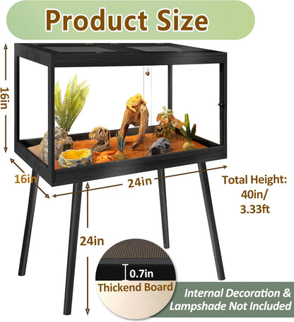 PROLEE Tempered Glass Reptile Enclosure with Leg,24“ Scratch-Proof Bearded Dragon Tank,28 Gallon Lizard Tank with Metal Mesh Tops and Lockable Door,Spacious Reptile Habitat for Snake,Tortoises (Black)
