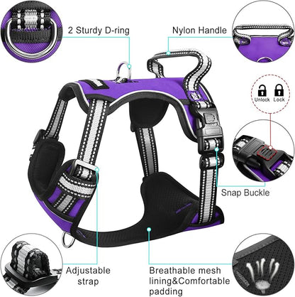 WINSEE Dog Harness No Pull, Pet Harnesses with Dog Collar, Adjustable Reflective Oxford Outdoor Vest, Front/Back Leash Clips for Small, Medium, Large, Extra Large Dogs, Easy Control Handle for Walking