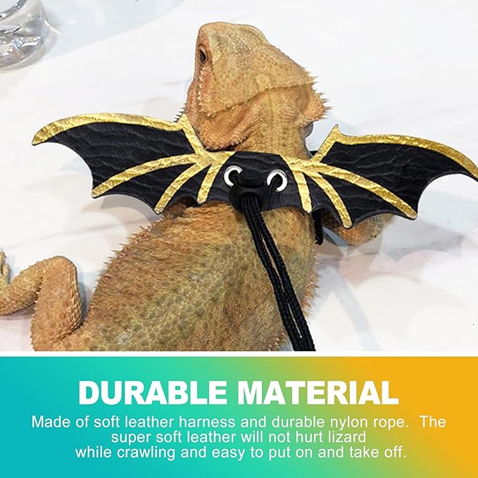 3 Pack Bearded Dragon Harness and Leash Set, Adjustable Soft Leather Reptile Costume with Cool Wings for Lizards, Geckos, Chameleons, Iguanas, Small Pets, Outdoor Walking, Black