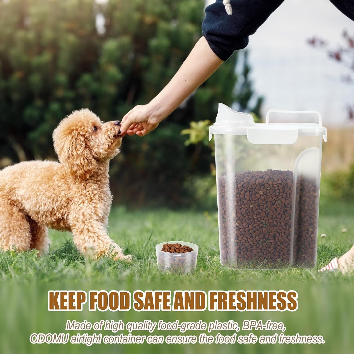Airtight Cat Dog Food Storage Container 5-7lbs, 5 Liters Pet Dry Food Container with Large Pouring Spout, Cup and Seal Buckles, Travel Food Dispenser for Small Animals, Bird Seed, Puppy, etc.