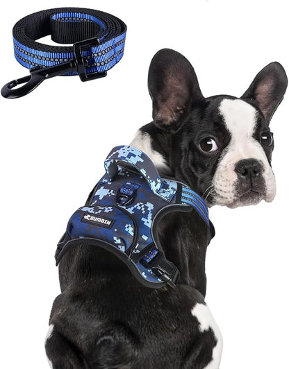 BUMBIN Dog Harness for Large Dogs, No Pull Adjustable No Choke Pet Vest with Dog Leash Fit Smart Reflective Pet Walking Harness for Training Easy Control Soft Handle Blue Camo L