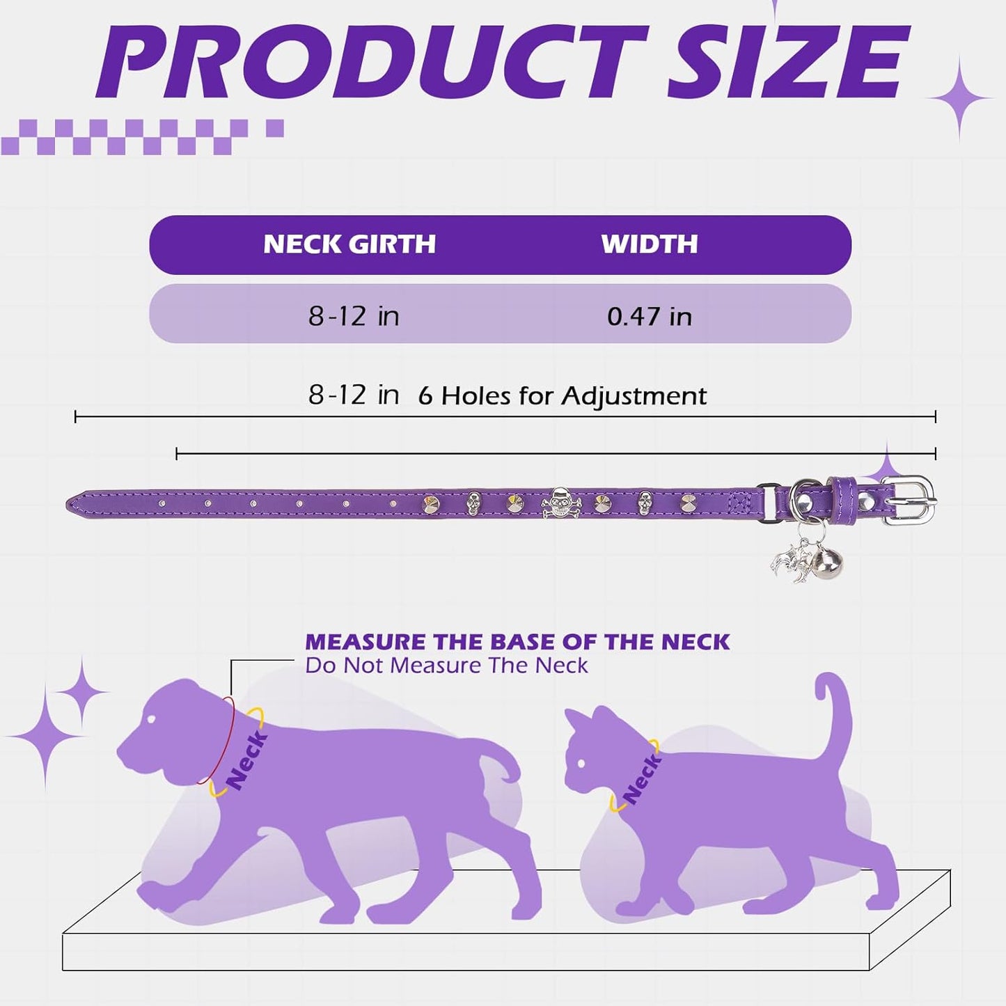 EXPAWLORER Leather Cat Collar for Girl Boy- Adjustable Pet Collar with Safety Elastic Belt,Personalized Punk Accessories Buckle Collars with Bell & Durable D-Ring,Rivet(Purple)