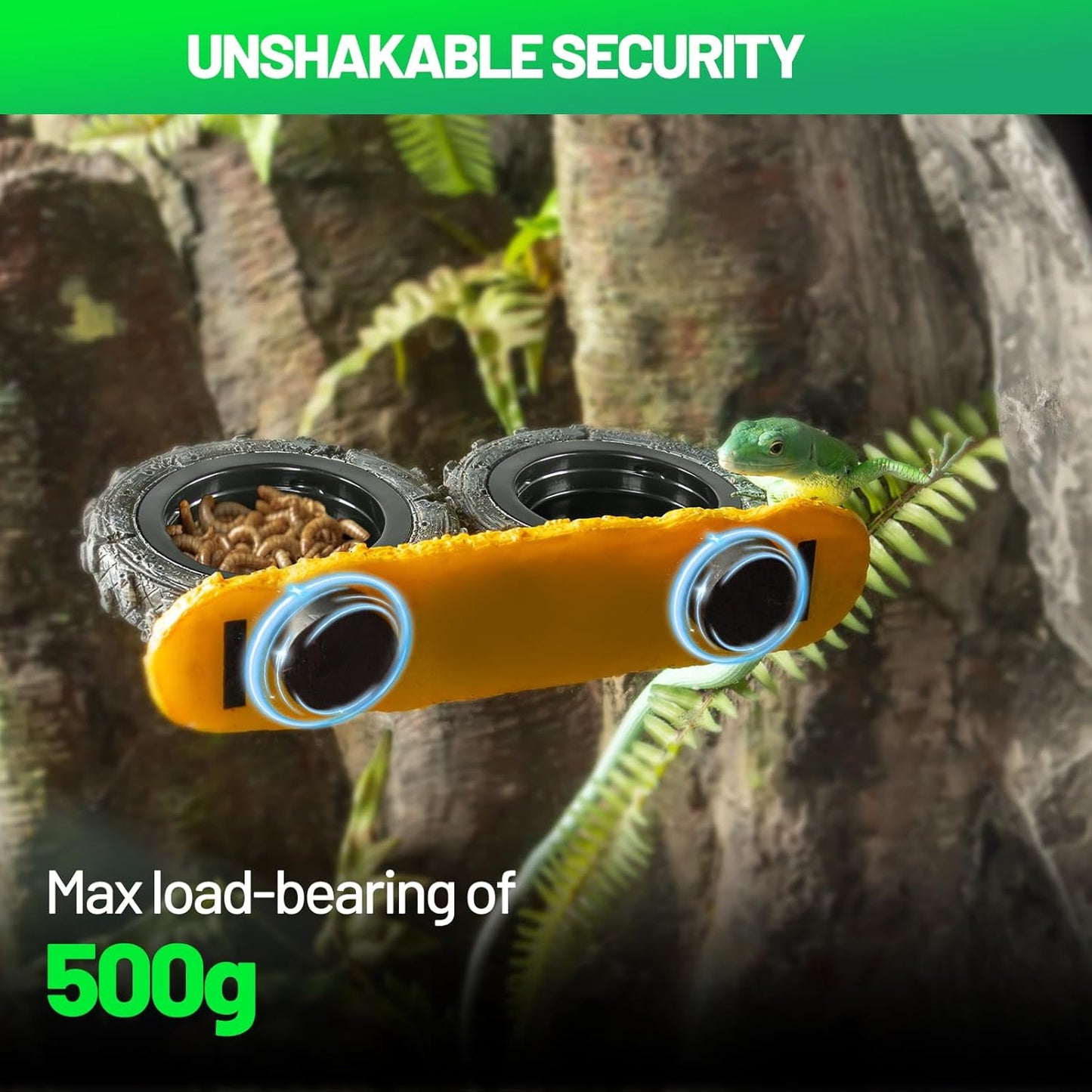 Gecko Gecko Feeder Ledge, Magnetic Reptile Feeding Ledge with 4 Food Bowls, Natural Tire-Design Resin Base for Bearded Dragon, Snake, Frog in Glass/PVC/Acrylic/Wood Tanks