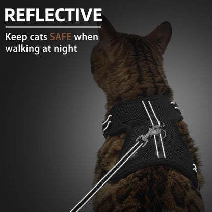 PUPTECK Cat Harness and Leash Set Escape Proof, Reflective Adjustable Soft Mesh Kitten Vest Harness for Walking Travel, Black, M