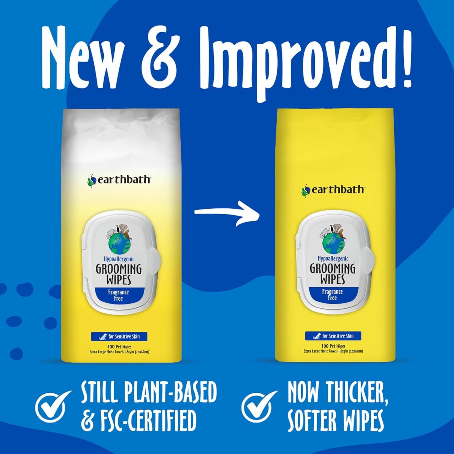 earthbath, Hypo-Allergenic Grooming Wipes - Fragrance Free Dog Wipes for Paws and Butt, Best Pet Wipes for Dogs with Sensitive Skin, Made in USA, Cruelty-Free Dog Cleaning Wipes - 100 Count (2 Pack)