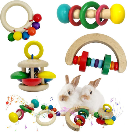 PINVNBY 4 PCS Wooden Rabbit Toys Interactive Bunny Toys Multi-Colored Guinea Pigs Toys Indoor Outdoor Playing Teeth Grinding Toys for Chinchillas Hamsters Rats and Other Small Animals