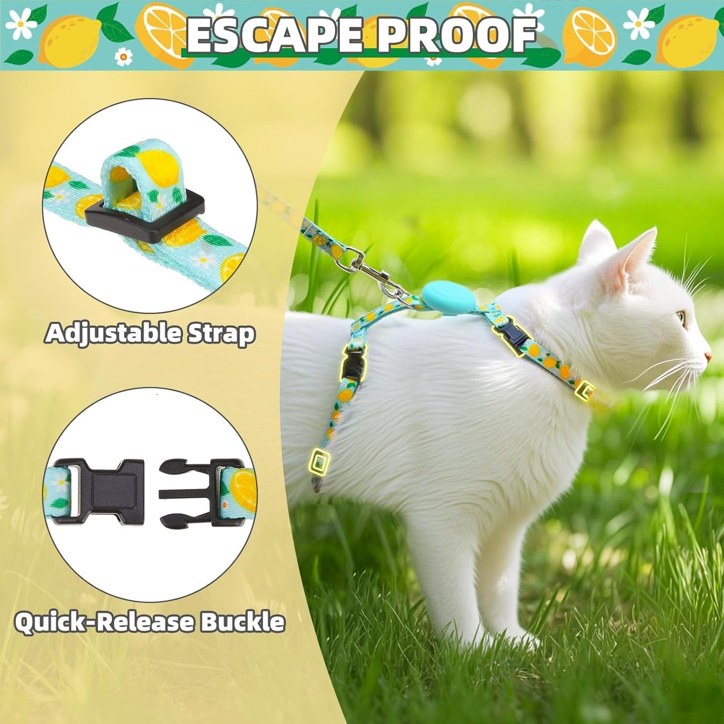 PUPTECK Adjustable Cat Harness and Leash Set Escape Proof Kitten Strap Collar for Walking Travel, Lemon Pattern