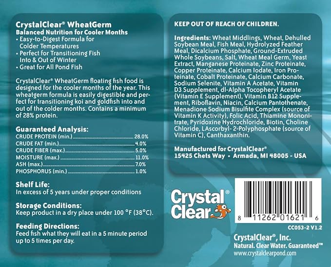 CrystalClear Koi & Pond Fish Food - Wheat Germ - 3.0mm Pellet Size - 2.2 Pound Bucket