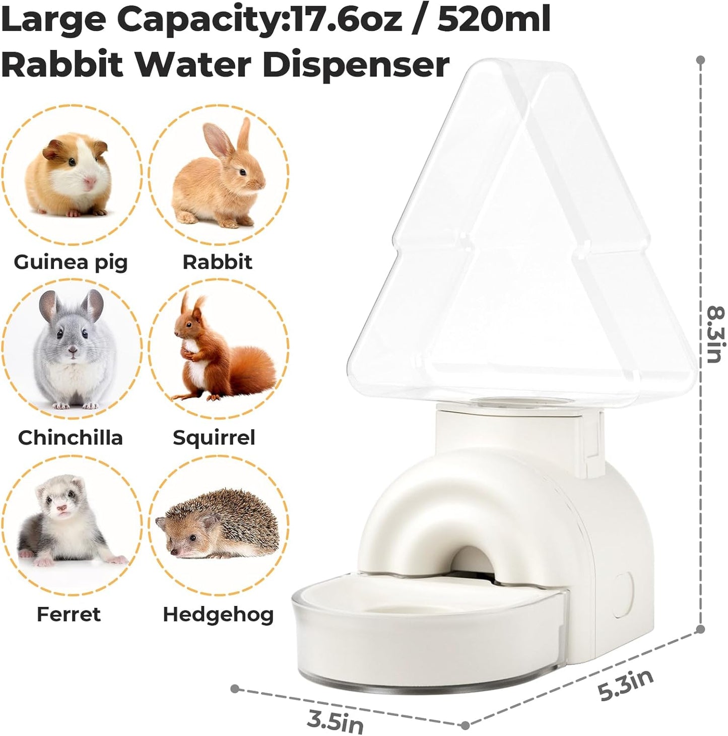 mini&moe Rabbit Water Dispenser - 17.6oz Guinea Pig Water Bottle No Drip for Cage Automatic Gravity Silent Hanging Bunny Water Dispenser with Floating Bowl for Hamster, Gerbils, Ferret, Chinchilla