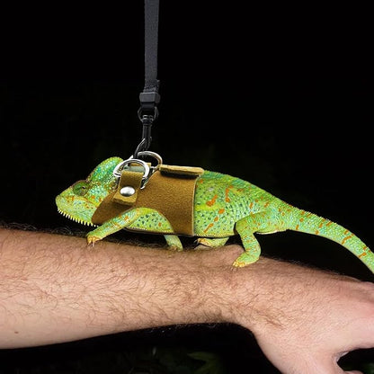 Bearded Dragon Harness and Leash Set, 3 Size Adjustable Soft Leather Reptile Leash, Lizard Harness with Retractable, Small Animal Outdoor Walking Vest with Traction Rope, 3 Pack (Brown)