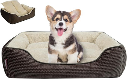 Miguel Dog Bed with Removable Cushion/Pillow for Small Dogs, Washable Pet Bed with Side Easy to Wash Puppy Bed, Rectangle Cat Beds for Indoor Cats with Anti-Slip Bottom, Khaki 20 Inch
