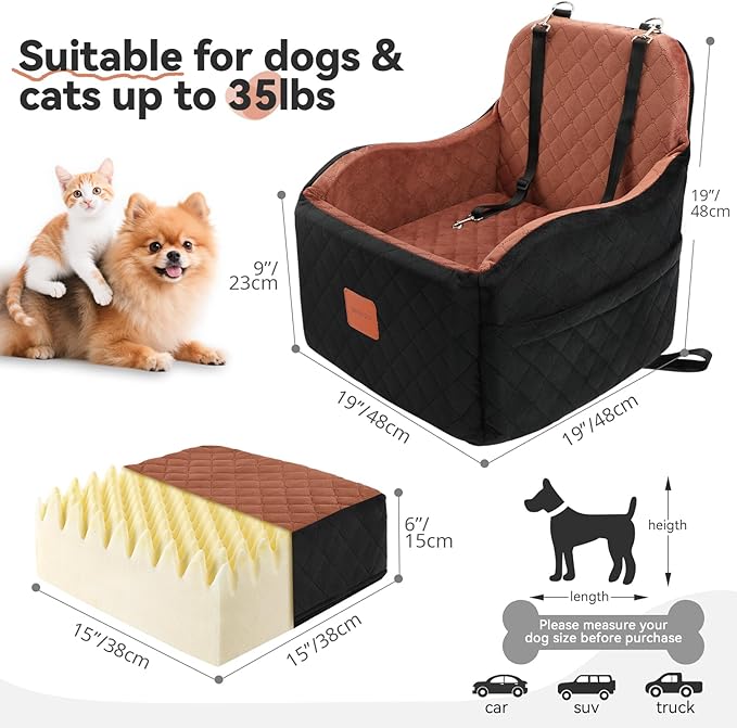 Dog Car Seat for Small/Medium Dogs, Memory Foam Dog Booster Seat for Dogs up to 35 lbs, Travel Safety Per Car Seat with Washable Removable Cover and Storage Pockets (Black/Brown, Medium)