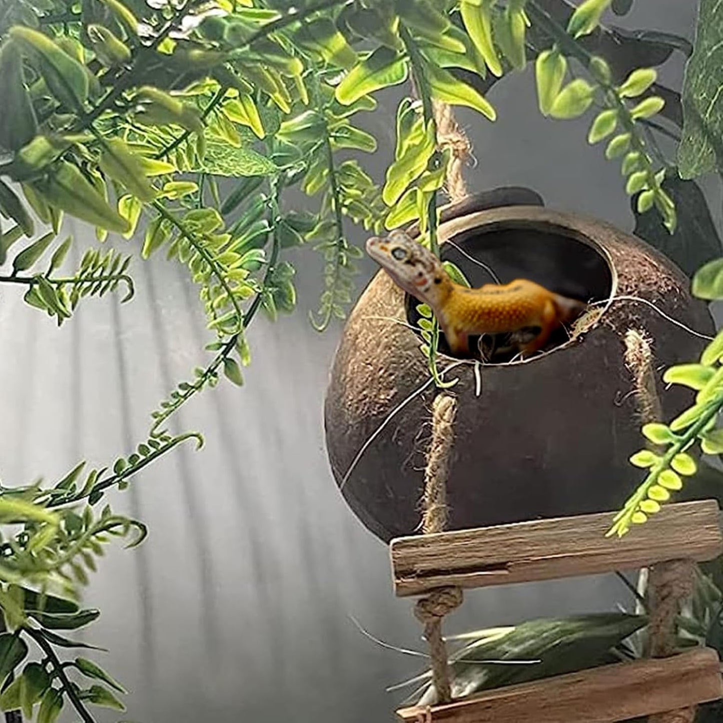 Crested Gecko Tank Accessories,Gecko Coconut Hut Hideout with Ladder Reptile Hammock Lizards Hanging Plants Flexible Climbing Jungle Vine Leaves Terrarium Decor