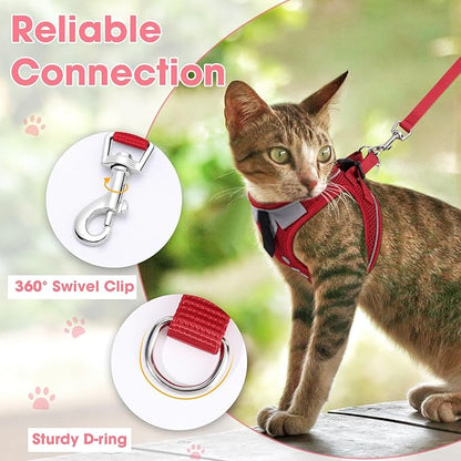 Cat Harness and Leash Set for Walking Escape Proof, Soft Adjustable Kitten Harness Breathable Mesh with Reflective Strips Harness for Kitty Puppy Bunny(Red,S)