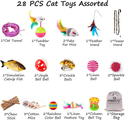 MIBOTE 28Pcs Cat Toys Kitten Toys Assorted, Cat Tunnel Catnip Fish Feather Teaser Wand Fish Fluffy Mouse Mice Balls and Bells Toys for Indoor Cat Puppy Kitty Interactive Cat Toy Set