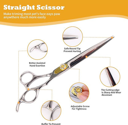 7 Inch Professional Dog Grooming Scissors Kit, 6-in-1 Grooming Scissors for Dogs, Pet Grooming Shears Set, Straight Scissor & Thinning Shear & Curved Scissor & Chunker Shear (Silver)