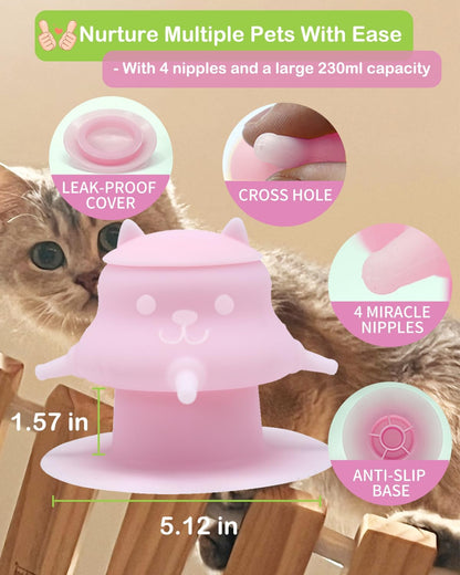 230ML Puppy Bottles for Nursing Puppy Milk - Premium Silicone Nursing Station with 4 Nipples - Dog Feeder for Multiple Newborn Puppies, Rabbits, Kittens Bottle Feeding Kit (Pink)