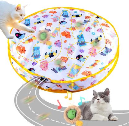 Interactive Cat Toys Fast Rolling Ball in Play Pouch, Motion Activate Chirping Cat Toy Hide and Seek Mouse Catching Game, 28 Inch Play Pouch