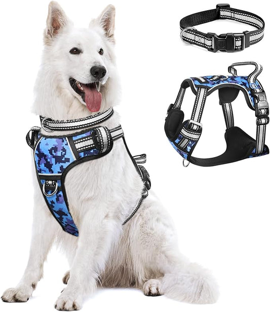 WINSEE Dog Harness No Pull, Pet Harnesses with Dog Collar, Adjustable Reflective Oxford Outdoor Vest, Front/Back Leash Clips for Small, Medium, Large, Extra Large Dogs, Easy Control Handle for Walking