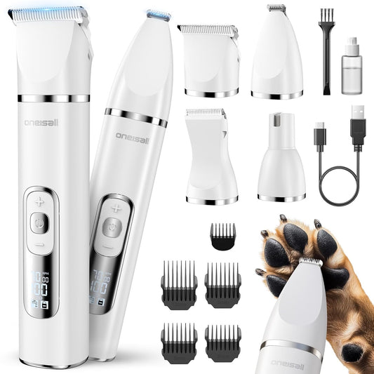 oneisall 4 in 1 Dog Grooming Kit with LCD Display, Dog Hair Trimmer for Paw Nail Grinder, Rechargeable Cordless Low Noise IPX7 Waterproof Pet Clippers (White)